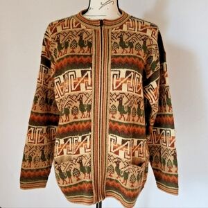 Arcohi's Alpaca Mayan Zip-Front Patterned Sweater Jacket in Beige and Green